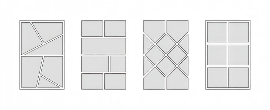 Grey comic book panel frame set. Pop art template grid page collection. 5 and 6 image collage moodboard layout pack. Picture mood board ideas. Storyboard design for photo, poster, manga mockup. Vector