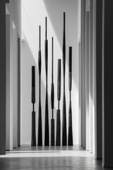 Contemporary art installation in minimalist museum corridor with natural light shadows