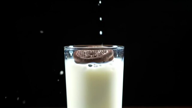 A tall glass of creamy milk with two chocolate cookies balanced on the rim against a dark backdrop