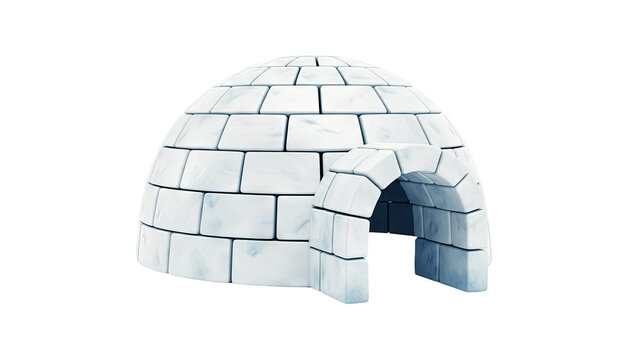 Igloo made of snow blocks with arched entrance on white background