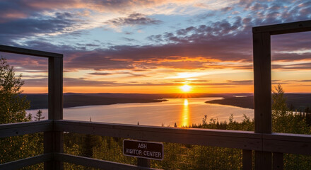 Fototapeta premium Sunset over calm lake with wooden fence frame