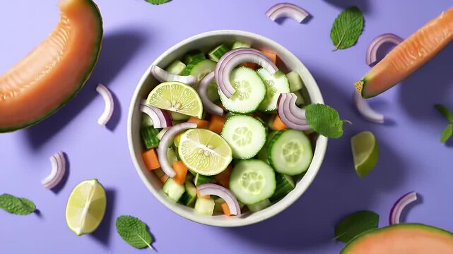 A vibrant bowl of diced vegetable salad featuring cucumber, carrot, onion, and fresh herbs on a purple background with decorative melon wedges nearby