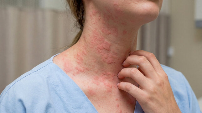 Woman scratching red itchy rash on her neck