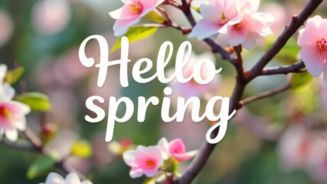 Hello spring text overlay with pink flower blossoms on a tree branch. Seasonal greeting message with fresh floral background. Springtime concept