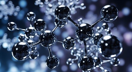 Shiny molecular structure spheres connected, glowing, abstract, scientific, conceptual background