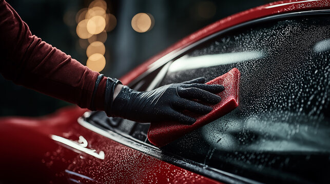 Gloved Hand Washing Wet Red Car Window with a Red Sponge