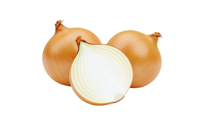 Yellow Onions, One Halved, Against a White Background