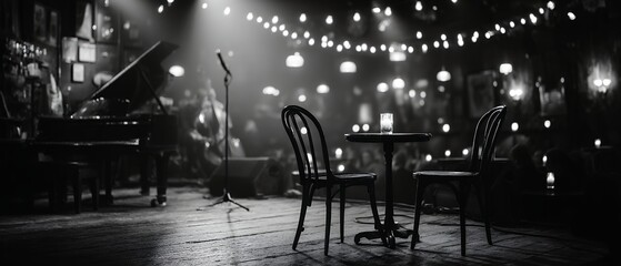 empty stage with piano and tables in jazz club