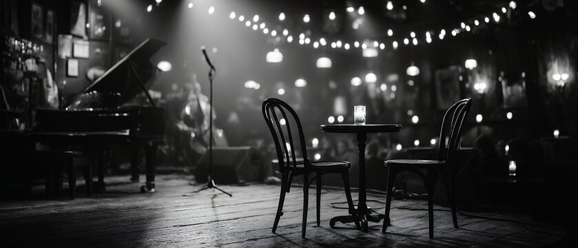 empty stage with piano and tables in jazz club