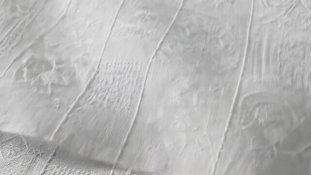 Close-up of a white textured fabric with intricate patterns and geometric designs.