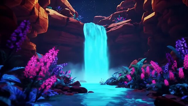 Bioluminescent Blue Waterfall Illuminating Neon Pink and Purple Flora in a Fantasy Cavern Landscape