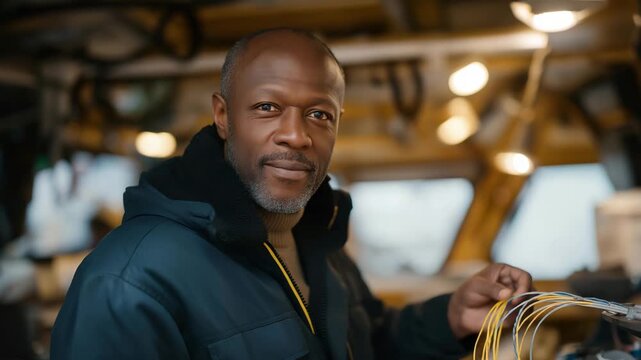A middle-aged Black engineer in a bustling tech lab, confidently calibrating industrial cables for machinery, emphasizing expertise and professionalism, warm ambient lighting, eye-level shot,