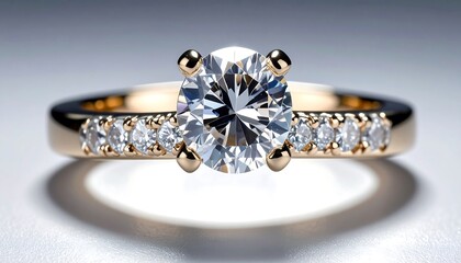 Close-up of a gold ring featuring a large, brilliant-cut diamond with smaller accent stones