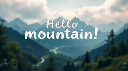 Hello mountain text overlay on blurred nature landscape background. White handwritten typography greeting over scenic green mountains and winding road. Travel and adventure vlog intro concept