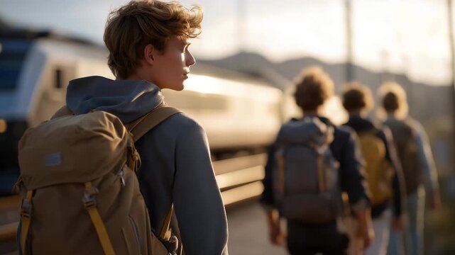 An adventurous group of friends embarking on their train travel expedition, with backpacks in hand, ready to explore the unknown and create unforgettable memories together. cinematic color