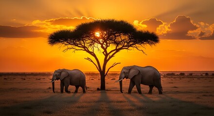 Fototapeta premium Silhouette of two elephants walking under a tree at sunset with golden sky