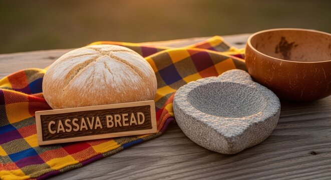 Traditional Rustic Cassava Bread on Raw Wood with Madras Cloth and Kalinago Stone Grater