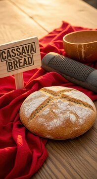 Traditional Rustic Cassava Bread on Raw Wood with Madras Cloth and Kalinago Stone Grater