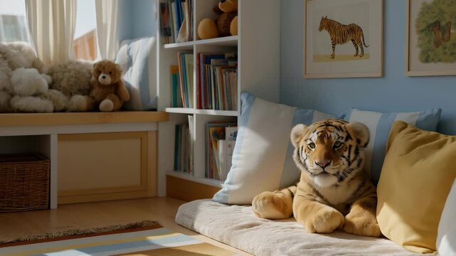 An organized and whimsical child's bedroom showcasing a themed decor of animals on the walls, a vibrant rug on the floor, and a cheerful reading corner filled with stuffed animals and books.