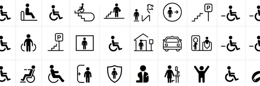 Set of 30 outline icons related to wheelchair. Linear icon collection. Editable stroke. Vector illustration 
