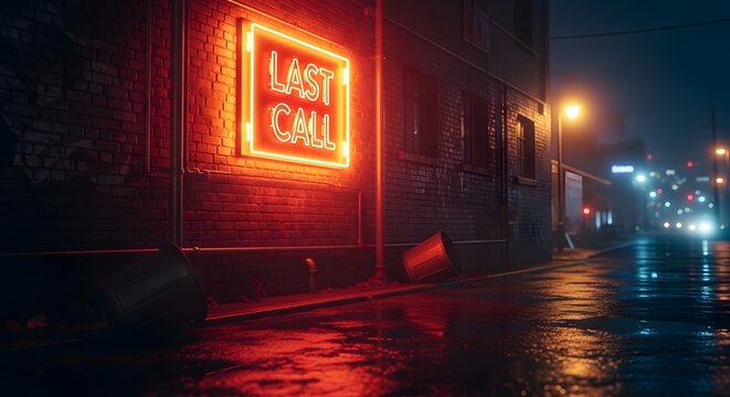 Rainy night cityscape illuminated by a neon "Last Call" sign, reflecting on wet pavement