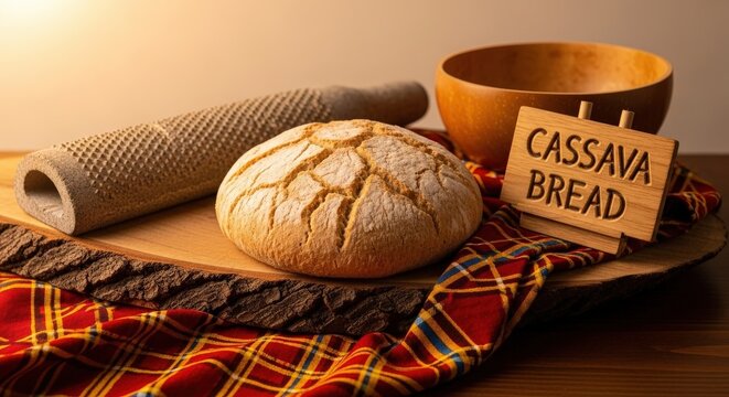 Traditional Rustic Cassava Bread on Raw Wood with Madras Cloth and Kalinago Stone Grater