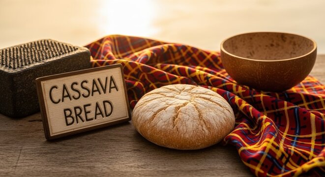 Traditional Rustic Cassava Bread on Raw Wood with Madras Cloth and Kalinago Stone Grater
