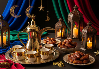 Fototapeta premium Traditional arabic coffee with dates . Ramadan decor with Arabian coffee set (2)