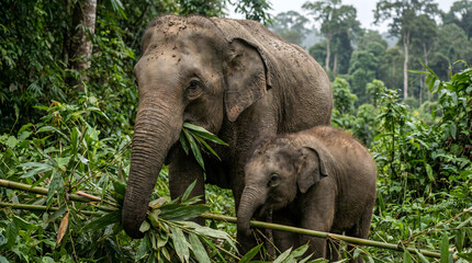 Sumatran Elephant Mother and Calf Feeding on Bamboo