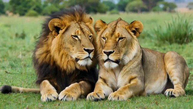 Ultra HD 4K slow motion capture of majestic lion lioness resting side by side emphasizing their regal presence natural bond detailed wildlife behavior cinematic natural 