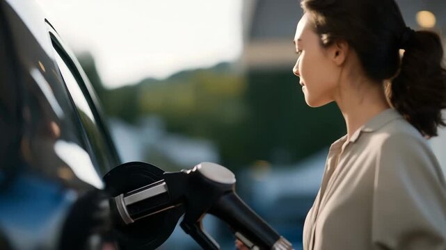 Drivers using fuel pumps at a gas filling station, routine action highlighting transportation dependence, energy resources, and vehicle maintenance. cinematic color correction, natural uneven