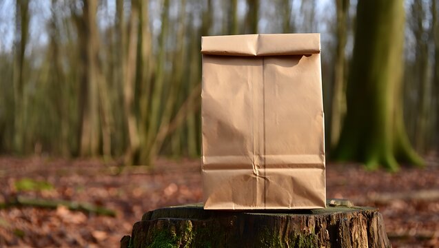 Brown paper package tied with string placed on tree stump in autumn forest setting