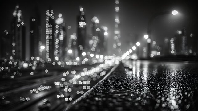 monochrome cityscape shines with bokeh lights at night