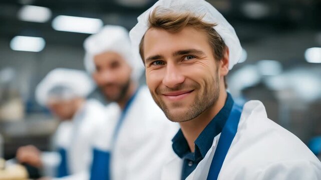 Food safety protocols are strictly enforced at the food factory, including sanitation checks, temperature control, and contamination prevention. cinematic color correction, natural uneven lighting