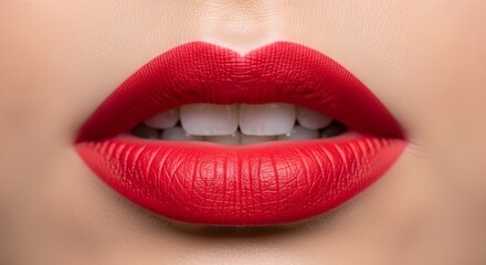 Obraz premium Close-up of a woman's mouth with vibrant red lipstick, showing perfect teeth