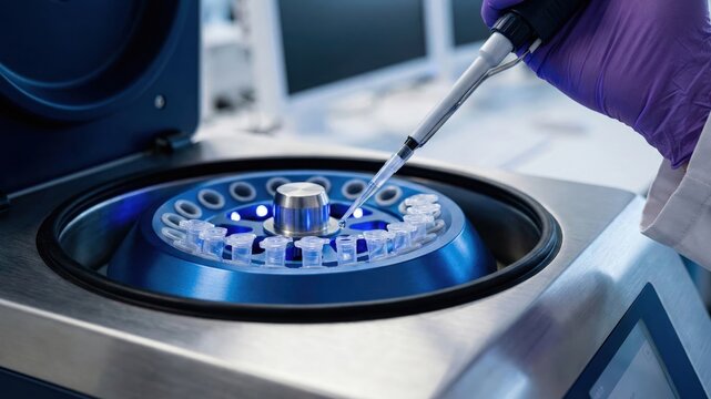 Scientist hand adding liquid sample to test tubes in a centrifuge with a micropipette in a lab.