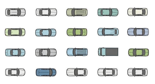 Flat Vector Top View Car Set with Color Fills for Architectural Site Plans | Sedans, SUVs, Trucks
