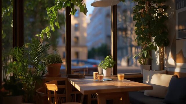 In a quaint coffee shop, cozy lighting filters through large windows, casting a golden glow on intimate wooden tables surrounded by charming decor, perfect for readers and friends enjoying peaceful