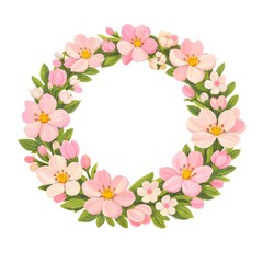 Fototapeta premium Pink Floral Wreath with Blossoms Isolated on White