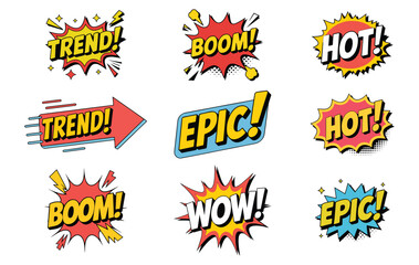 Fototapeta premium Vibrant comic-style vector stickers designed for social media, Comic book-style word bubbles and sound effects, Words featured are TREND!, BOOM!, HOT!, EPIC!, and WOW!