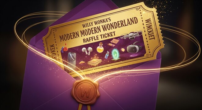 Golden Raffle Ticket. A luxury gold "Willy Wonka's Modern Wonderland" raffle ticket inside a purple envelope with a wax seal, surrounded by glowing light trails and prize icons