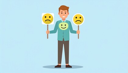 A man holds a smiley face in the middle with sad and happy faces on either side