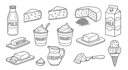 Monochrome line art of dairy products, including milk, cheese, yogurt, butter, cream, and ice cream