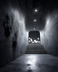 Fototapeta premium stairwell passage with handprints and light orbs