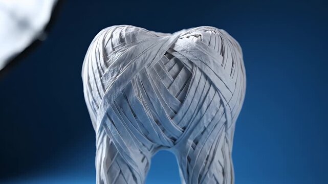 Abstract White Tooth Sculpture with Intricate Weave Pattern on Blue Gradient Background Studio Lighting