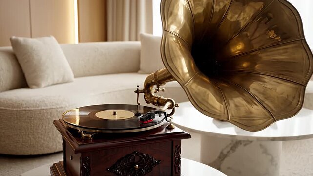 Antique Gramophone on a White Marble Coffee Table in a Modern Living Room with Soft Lighting