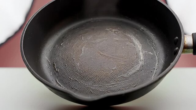 Close up of a used black frying pan with cooking residue and steam rising on a clean kitchen counter
