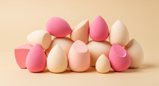 Makeup sponges arranged artfully on a beige background