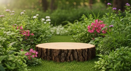 Wooden tree stump stage in lush green garden surrounded by vibrant flowers and foliage