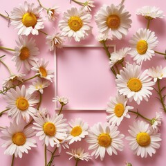 Fototapeta premium Circle of white daisies on a pink background, floral pattern design